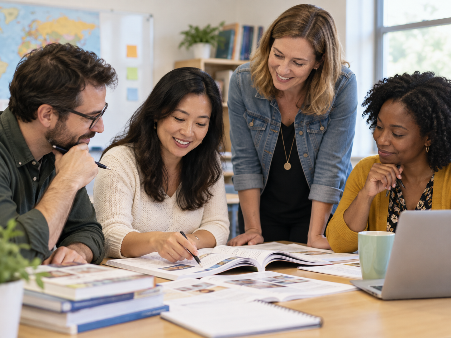 Of an ESL classroom in action: two teachers or a teacher and small group of adult learners working around a table with printed worksheets and a laptop; natural light, candid teaching